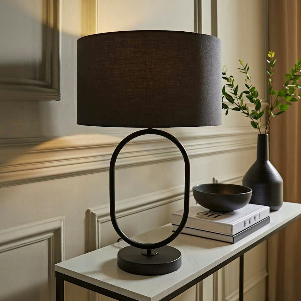 image 1 of ValueLights Antonia Charcoal Fabric Drum Lamp Shade Matte Black Oval Table Lamp | Black