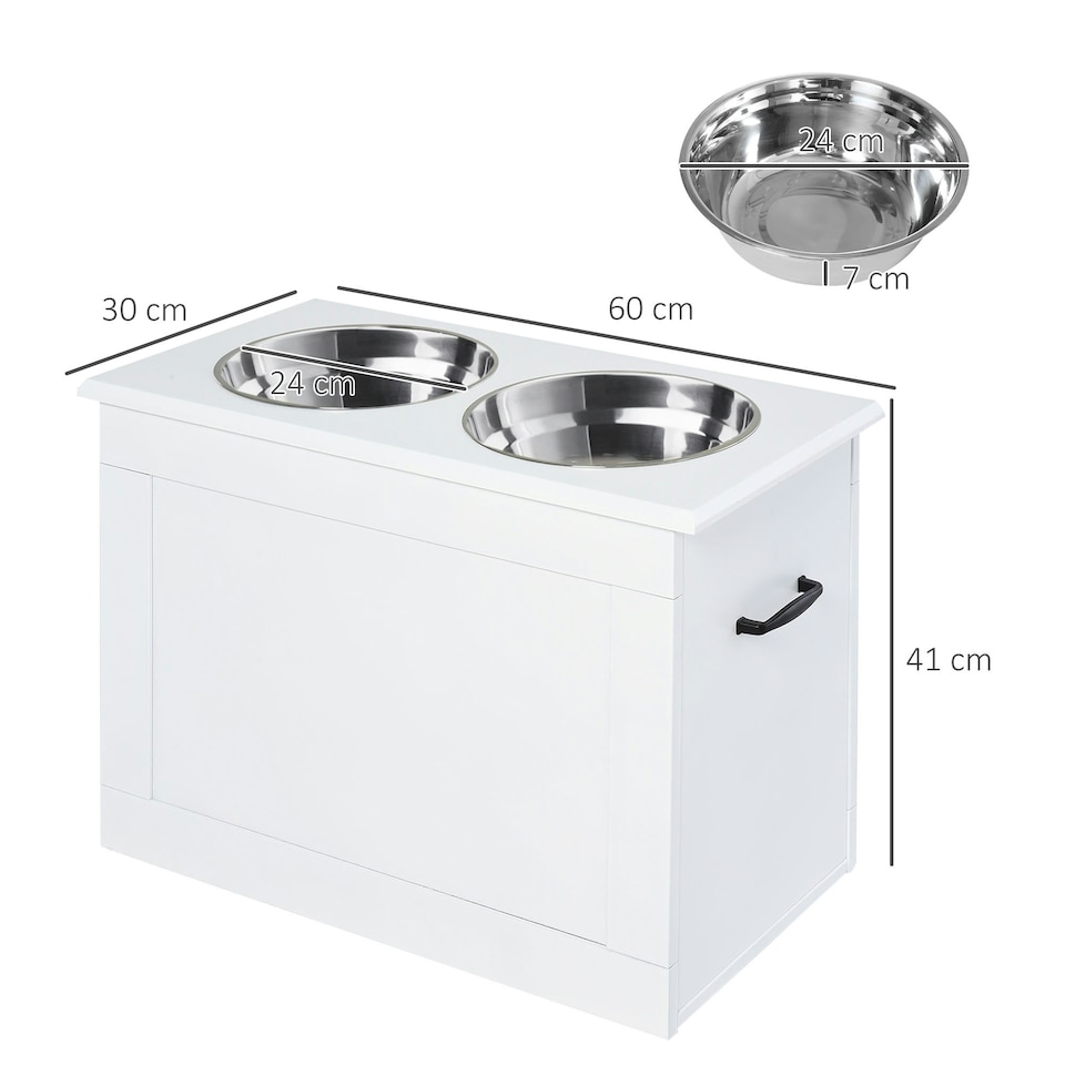 image 1 of PawHut Raised Pet Bowls w/ Storage, Two Stainless Bowls, Elevated Base - White