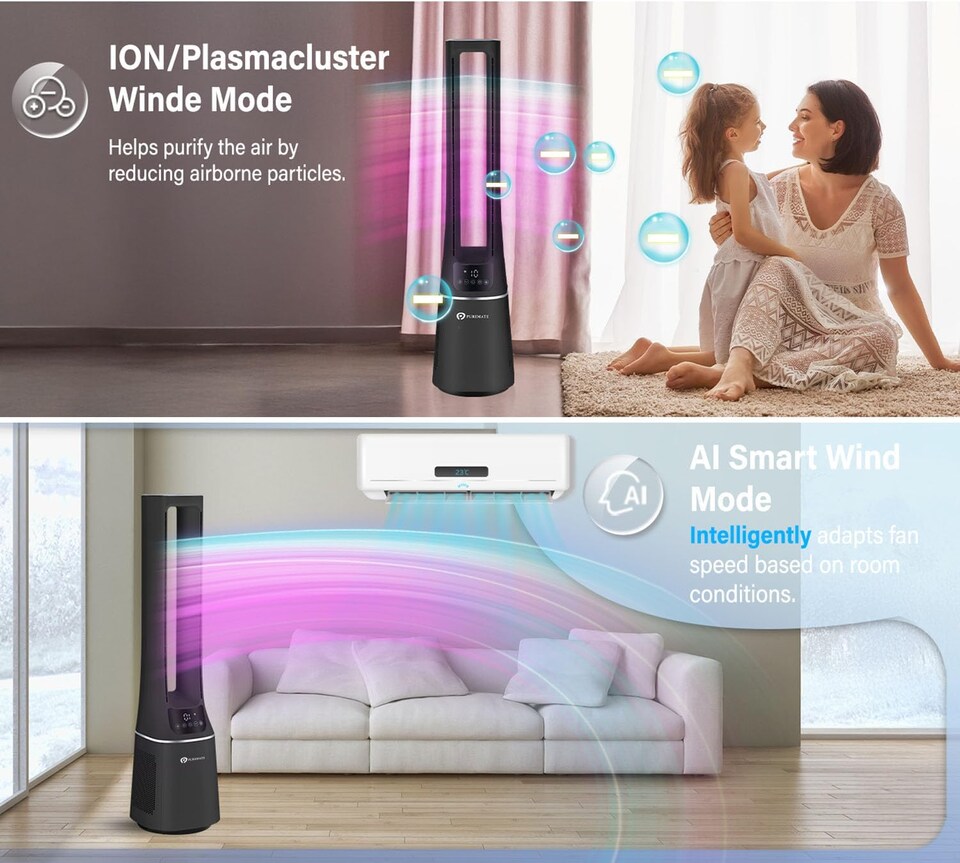 image 1 of PureMate 42-Inch Bladeless Tower Fan with Air Purifier - Black