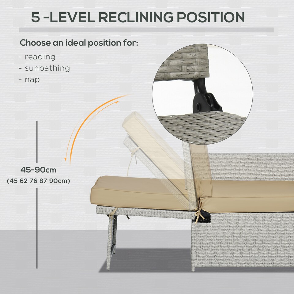 image 1 of Outsunny 5PC PE Rattan Sun Lounger, Outdoor Wicker 5-level Adjustable Recliner Sofa Bed with Storage Side Table and Footstools, for Patio, Garden, Poolside, Beige