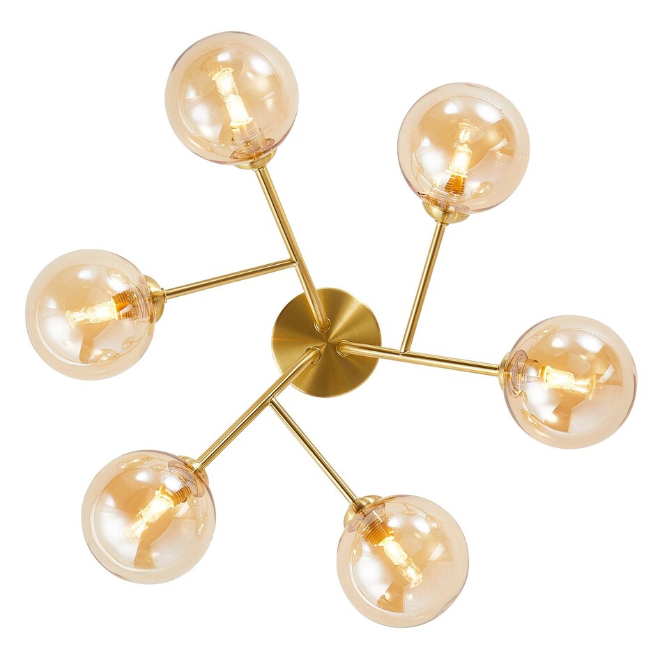 image 1 of Designer Satin Gold 6-Arm Ceiling Light Fixture with Amber Tinted Glass Shades | Gold