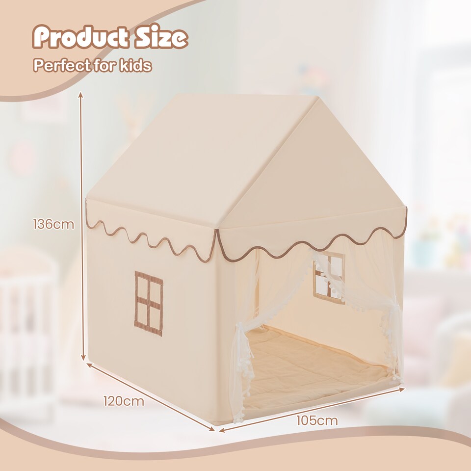 image 1 of COSTWAY Kids Play Tent Indoor Playhouse with Padded Mat-Beige