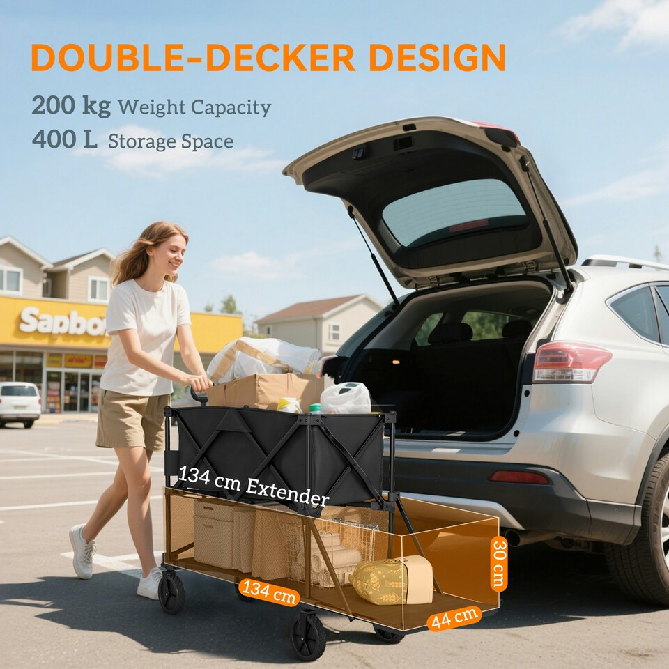 image 1 of Outsunny Double Decker Folding Trolley Cart on Wheels, 200KG Capacity Black