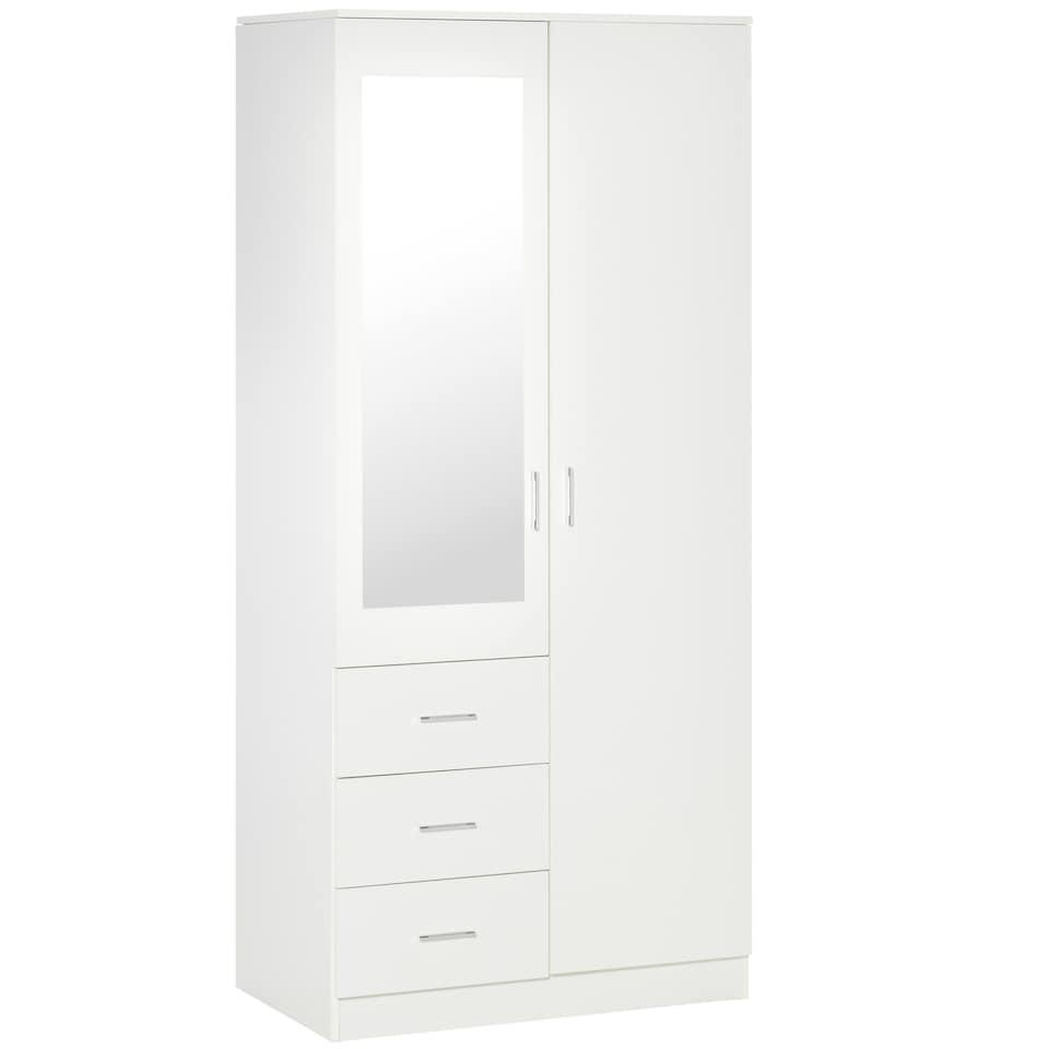 image 1 of HOMCOM 2 Door 3 Drawer Mirrored Wardrobe with Hanging Rail, Modern Clothes Storage Cupboard with Mirror, Drawers and Adjustable Shelves for Bedroom, 80 x 50 x 180 cm, White
