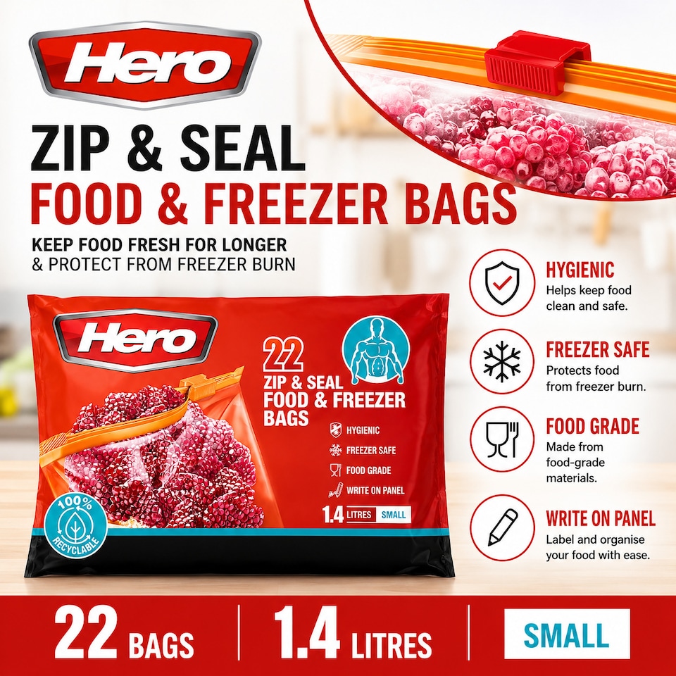 image 1 of Hero Zip Seal Food & Freezer Bags Small 1.4L – 22 Reusable BPA Free Zip Lock Food Storage Bags for Sandwiches, Fruit, Meat, Vegetables, Snacks & Travel | Clear | Clear | 1.4L | 22