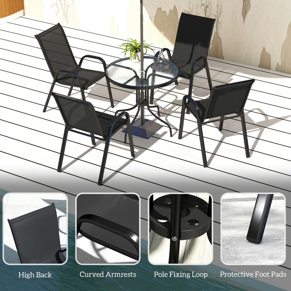 image 1 of Outsunny 5 PCs Garden Furniture Set, Round Table and Stackable Chairs Black