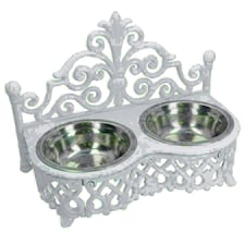 Dog Puppy Cat Feeding Food Bowls Dishes Stainless Steel / Cast Iron White Stand White