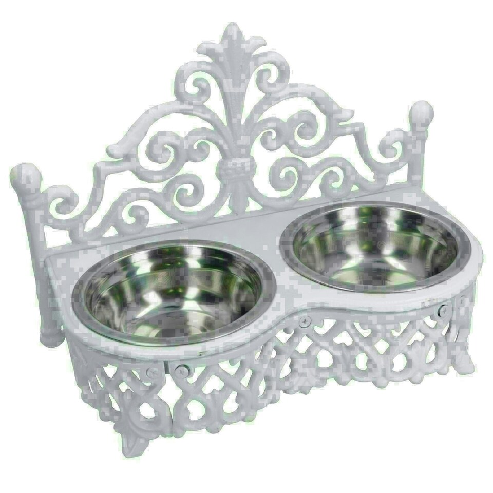 image 1 of Dog Puppy Cat Feeding Food Bowls Dishes Stainless Steel / Cast Iron White Stand White