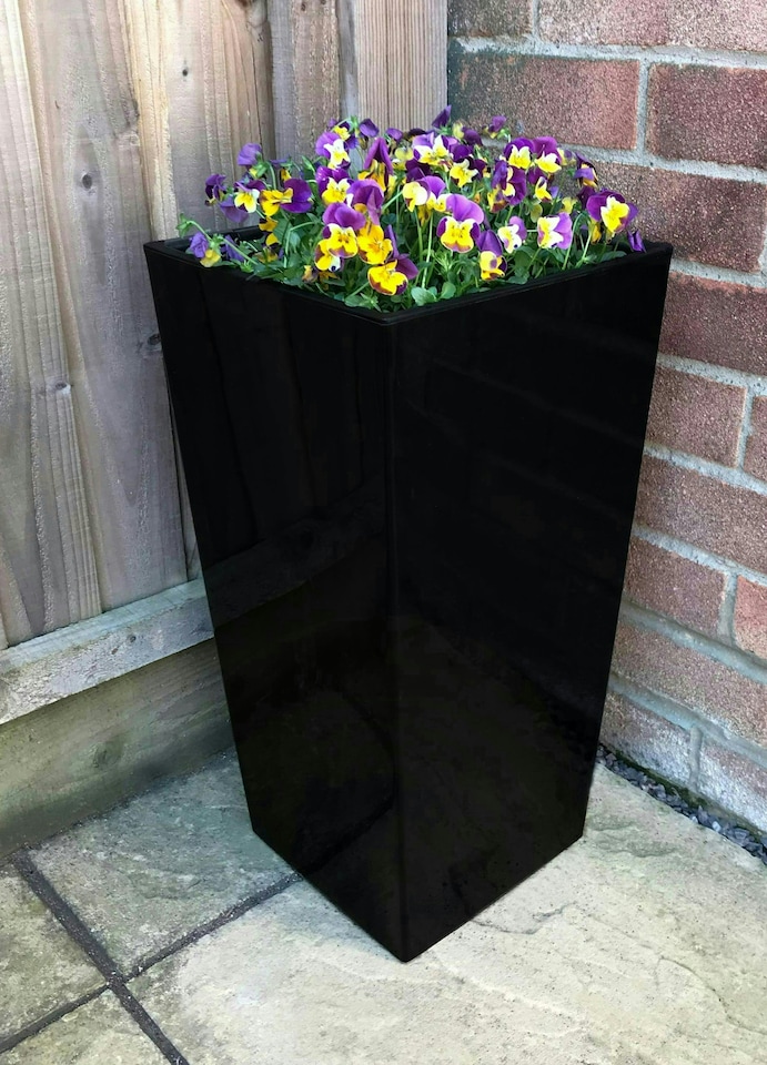 image 1 of Primrose Gloss Tall Flared Square Fibreglass Planter in Black 120cm x 43cm