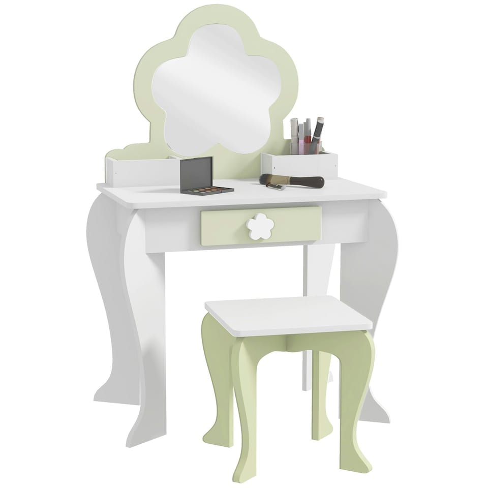 image 1 of ZONEKIZ Kids Vanity Table Set, Beauty Flower Design, for Ages 3-6 Years - White | White | 1 table, 1 stool