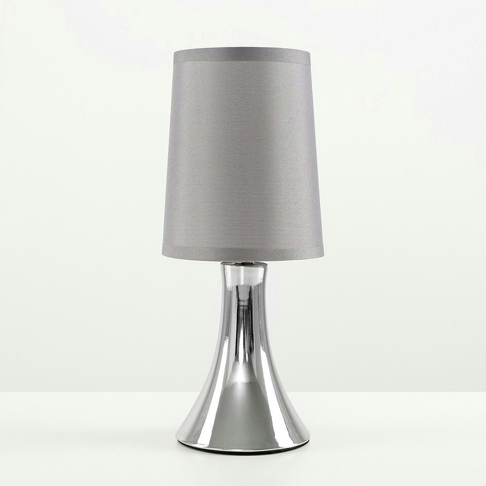 image 1 of ValueLights Pair of - Small Chrome Touch Table Lamps with Grey Fabric Shades With 5w LED Dimmable Candle Bulbs In Warm White Grey