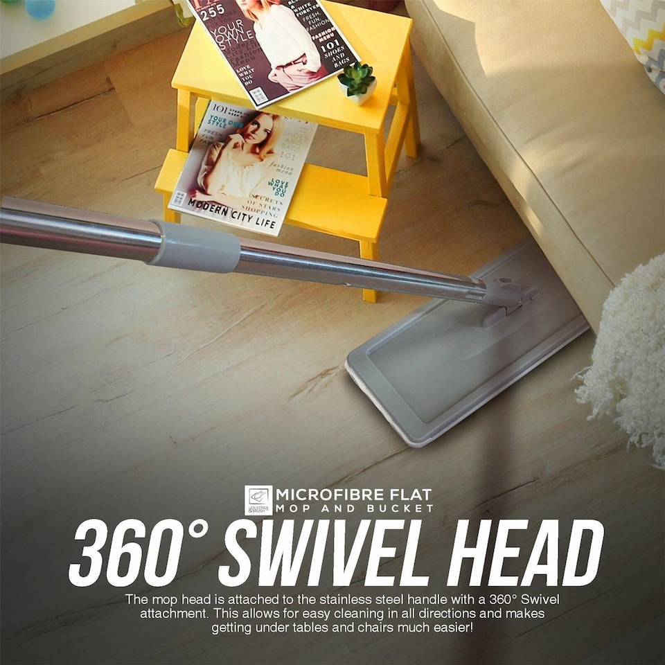 image 1 of Flat Mop and Bucket Set with Swivel Head Built In Wringer and 2 Washable Microfibre Mop Heads