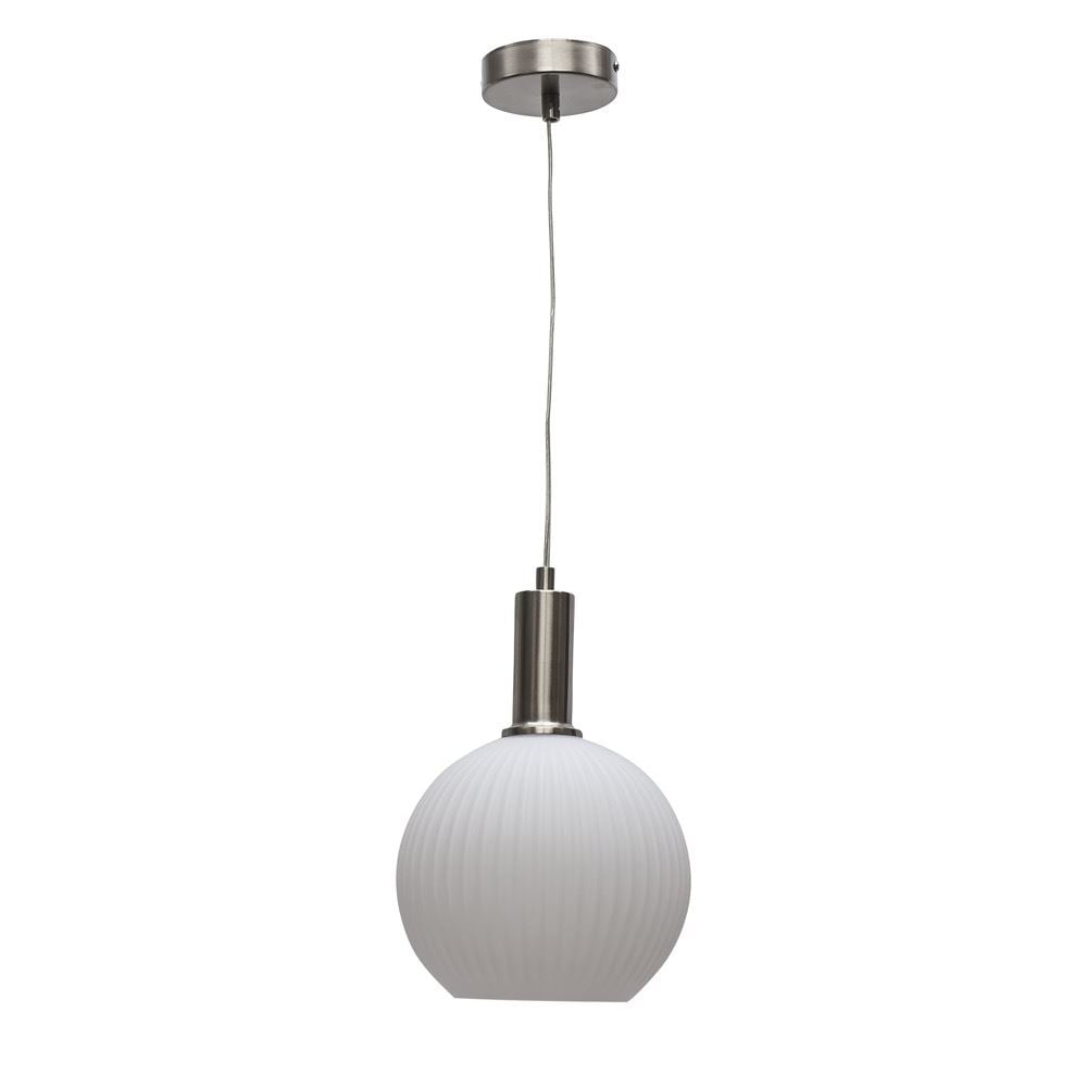 First Choice Lighting Betchley - White Ribbed Glass Globe Satin Nickel Deco Pendant Fitting