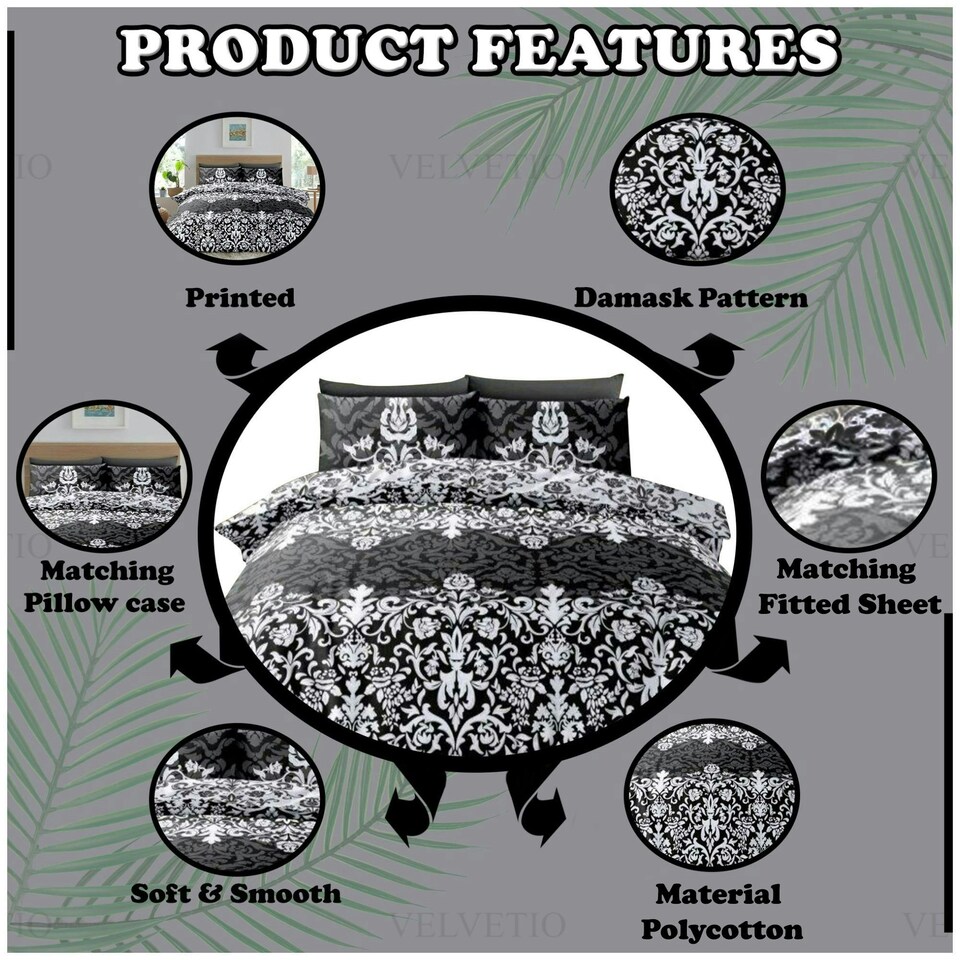 image 1 of VELVETIO Casablanca Damask Complete Duvet Cover Set with Fitted Sheet Soft Printed Bedding Bedset Black | King