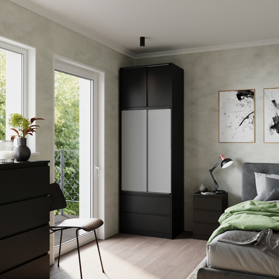 image 1 of 240cm 2 Sliding Doors Wardrobe Bedroom Storage Closet Hanging Rail Cupboard Unit | Multi | Black Carcass & Grey Doors | 1