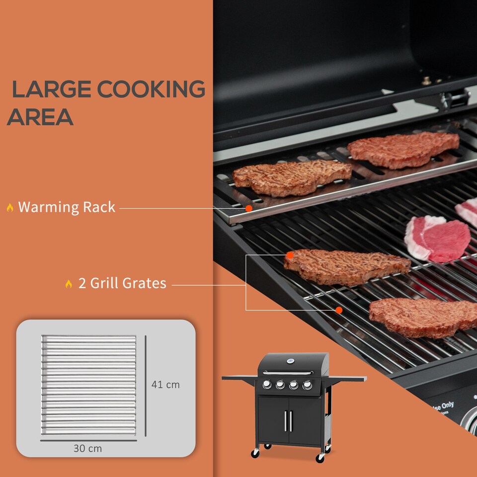 image 1 of Outsunny 4 Burner Gas Grill 11.6 kW Portable Barbecue Trolley with Shelves