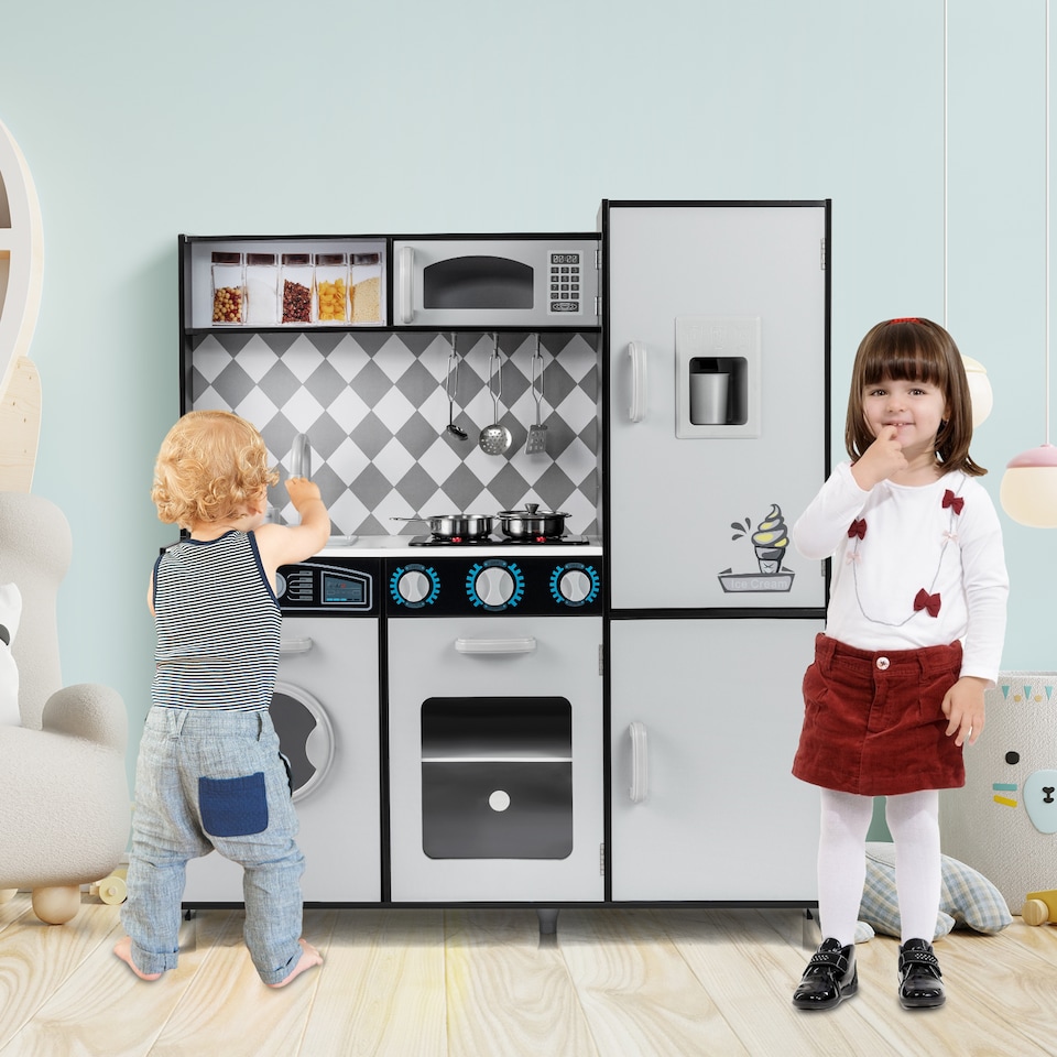 image 1 of COSTWAY Pretend Play Kitchen Kids Wooden Toy Set Kitchen Accessory Playset Grey