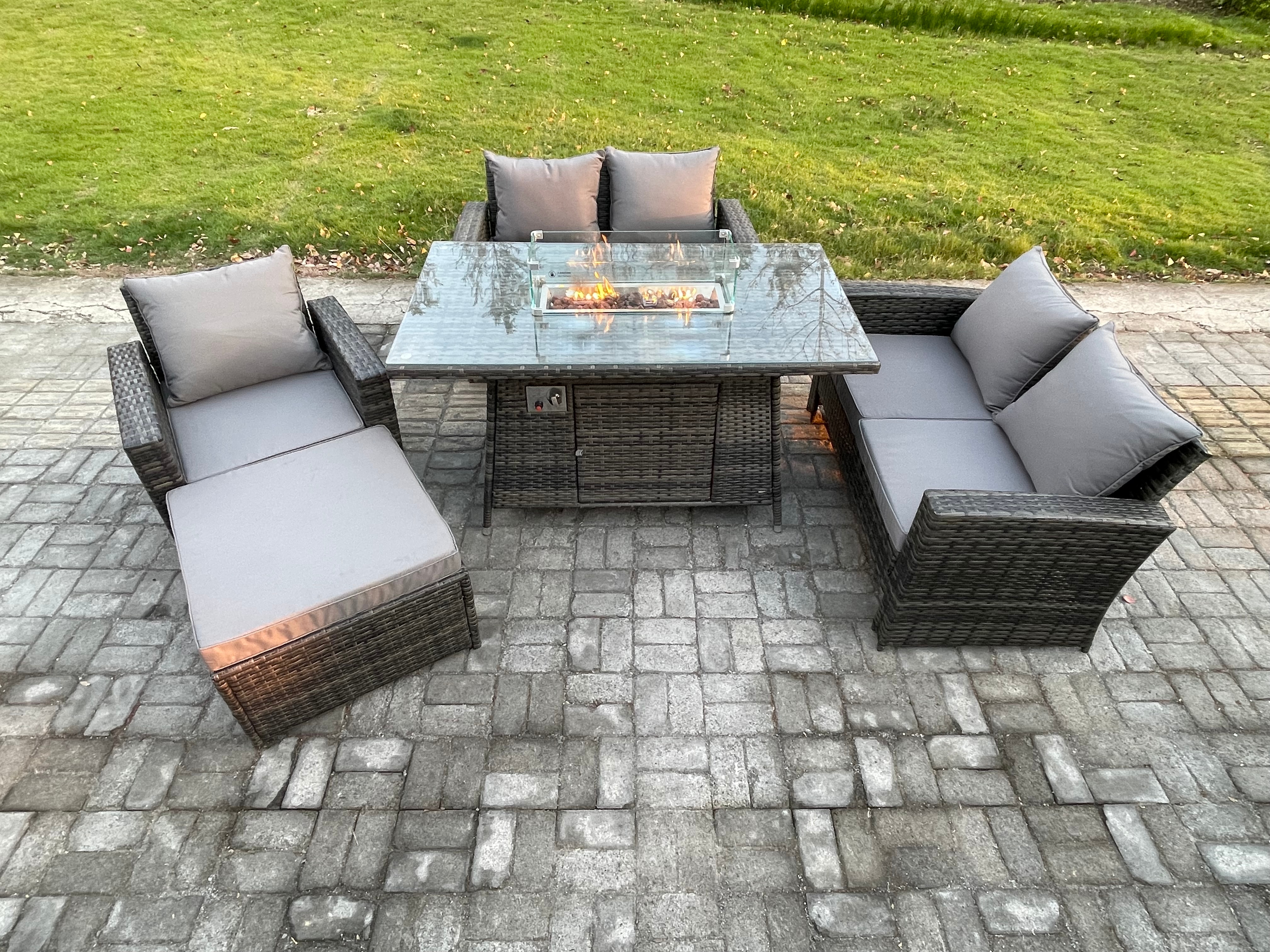 Fimous Rattan Outdoor Garden Furniture Gas Fire Pit Table Sets Gas Heater with Double Seat Sofa Armchair Big Footstool 6 Seater Dark Mixed Grey