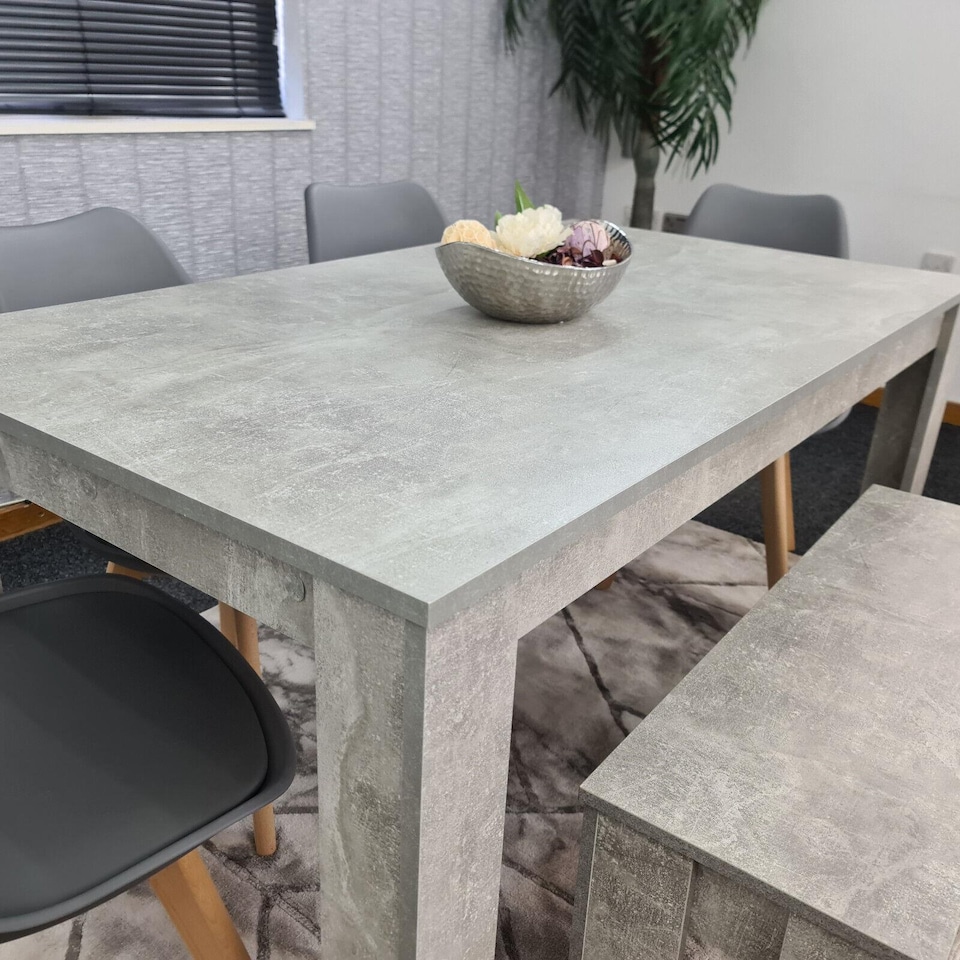 image 1 of Stone Grey Effect Dining Table with Bench and 4 Grey Plastic Chairs Dining Room Furniture Set | Grey | One Size | 6
