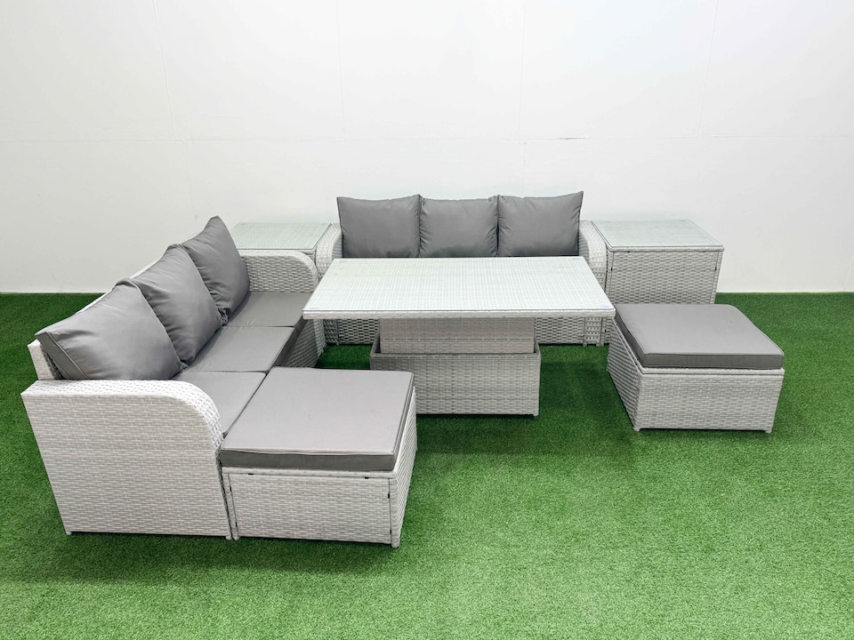 image 1 of Fimous Outdoor Garden Furniture Sets 8 Seater Wicker Rattan Furniture Sofa Sets with Adjustable Lifting Dining or Coffee Table high Back Lounge Sofa 2 Big Footstool 2 Side Table Light Grey