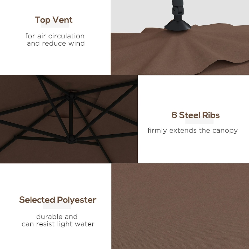 image 1 of Outsunny 3 m Cantilever Parasol with Cross Base, Crank Handle, 6 Ribs, Brown