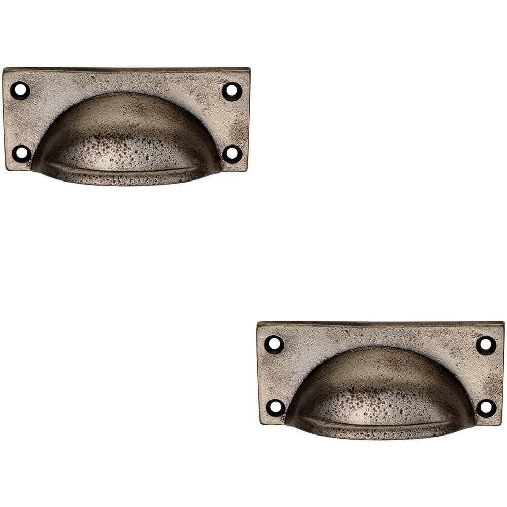 Loops 2x Square Plate Cabinet Cup Handle 90 x 40.5mm 77 x 28mm Fixings Pewter