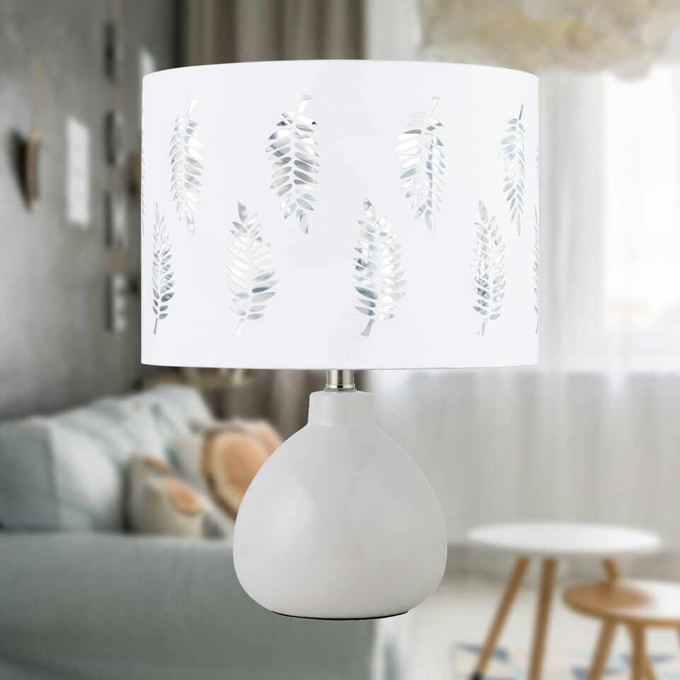 image 1 of Tuscan - White Ceramic Lamp with White Fern Shade White | White