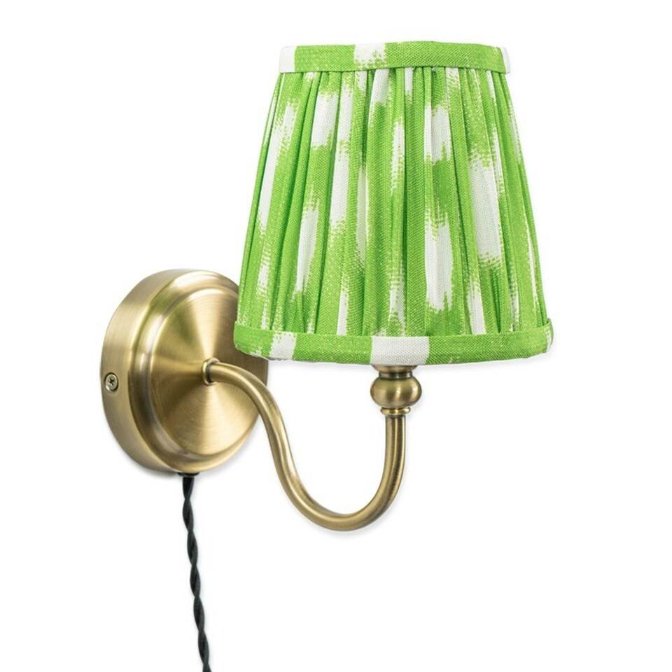 image 1 of ValueLights Neely Plug in Antique Brass Easy Fit Wall Light with Green Pleated Fabric Tapered Lampshade - Bulb Included