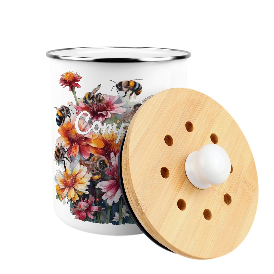 image 1 of Flowers & Bees Compost Caddy - Enamel 2L Kitchen Food Waste Bin