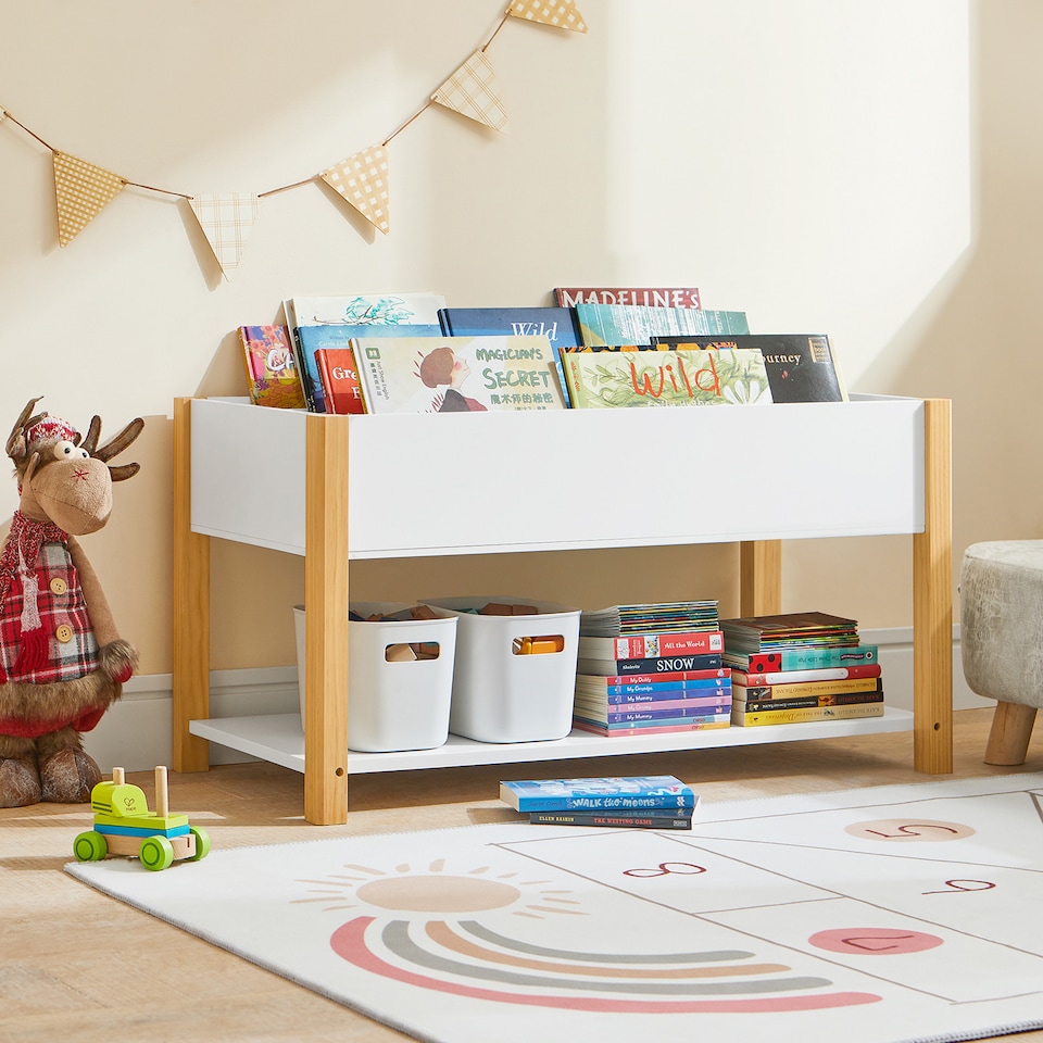image 1 of SoBuy Children's Bookcase with 4 Compartments & Bottom Shelf, White/Natural, 33.5x16.5x17.7 inches, 12.8 kg - KMB35-W