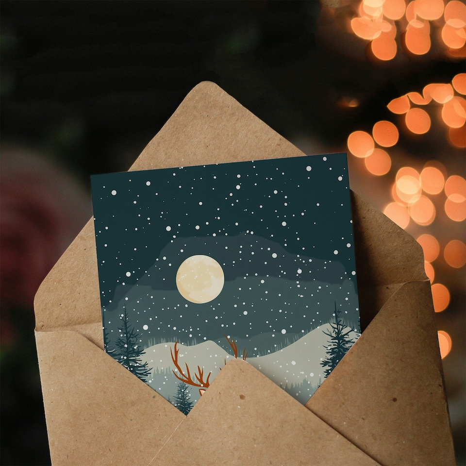 image 1 of Reindeer Moon North Pole Winter Snow Blank For Him Or Her Art Xmas Festive Christmas Card