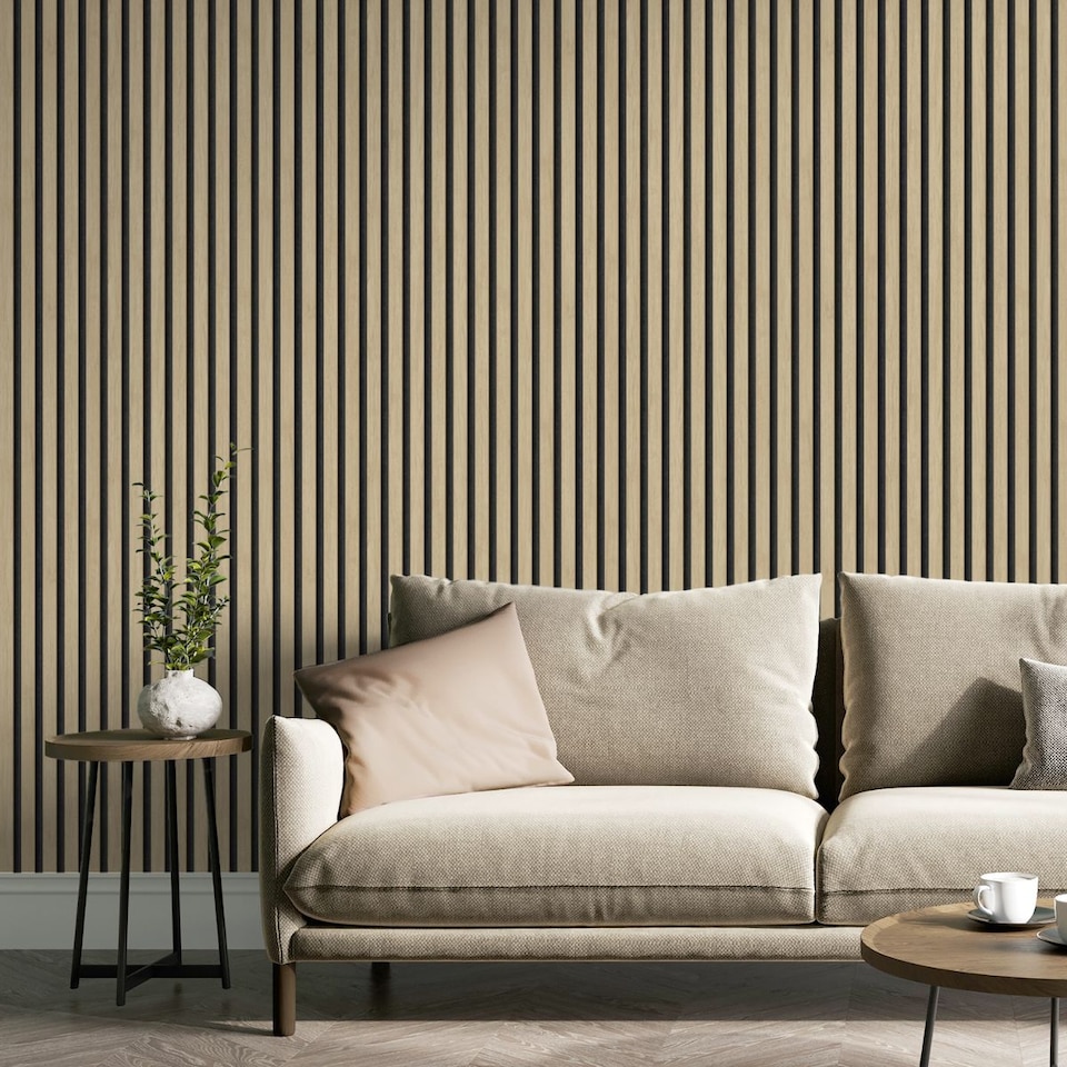 image 1 of Natural Wood Slat Wallpaper Acoustic Wood Panel Effect Oak Modern Feature Wall