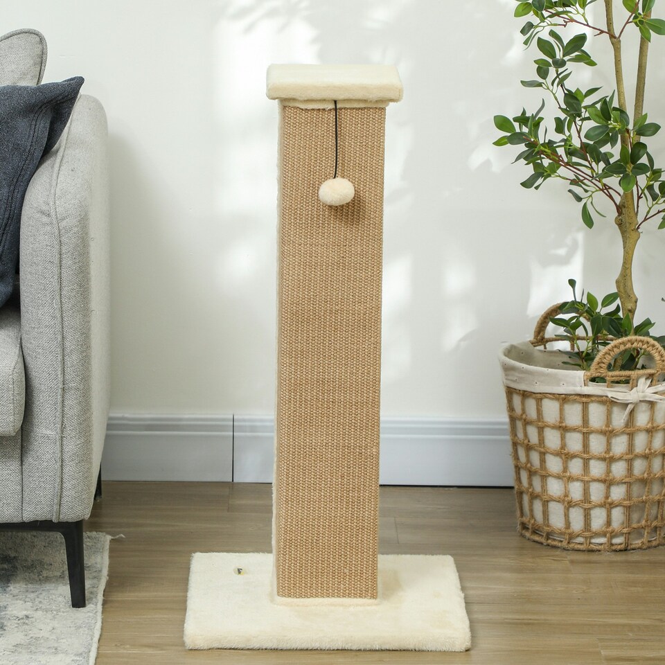 image 1 of PawHut Cat Scratching Post with Vertical Sisal Rope Ball Plush, 81cm, Beige