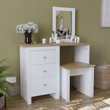 Vida Designs Arlington 3 Drawer Dressing Table Mirror & Stool Set Vanity Makeup Desk, White & Oak
