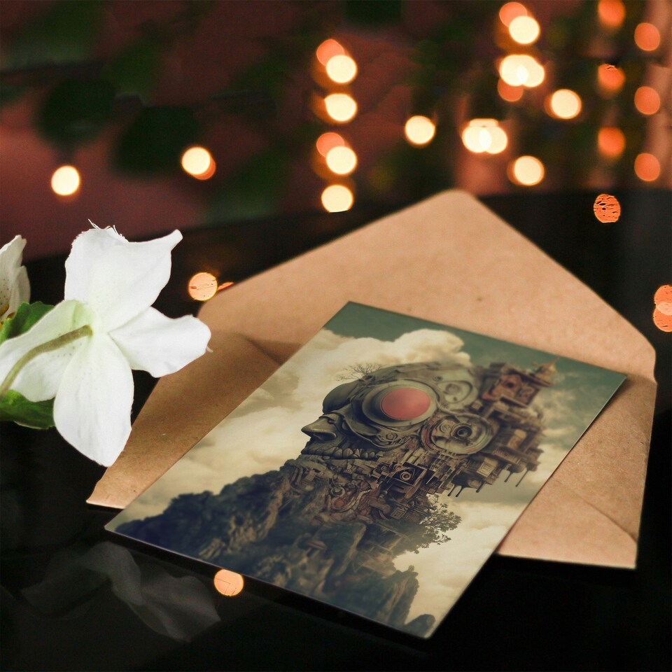 image 1 of Sci Fi Villain Lair Castle Surreal Fantasy Art Birthday Greeting Card