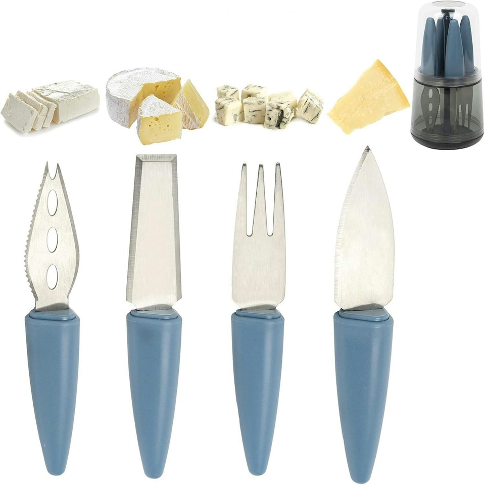 image 1 of CALITEK 4 Piece Cheese Knife Set with Stand Stainless Steel Blades Blue