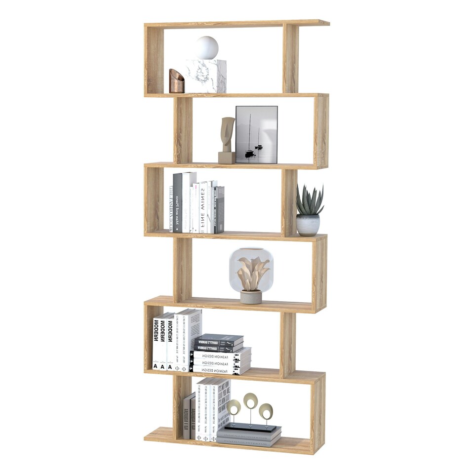 image 1 of HOMCOM 6-Tier Wooden Modern S-Shaped Shelf Storage Unit Home Office Oak Colour
