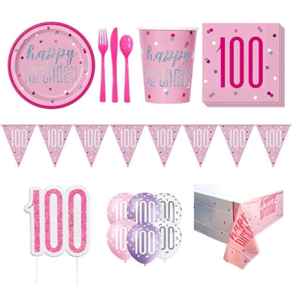 Pink Glitz 100th Birthday 8 Person Deluxe Party Pack