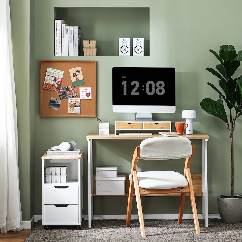image 1 of SoBuy Wooden Monitor Stand with 2 Drawers, White/Natural, 18.5x7.0x4.3 inches, 2.8 kg - BBF02-WN