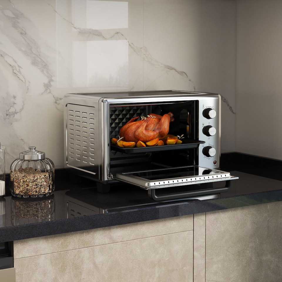 image 1 of HOMCOM 30 Litre Mini Oven, Countertop Electric Cooker & Grill for Roasting, Baking, Grilling with Adjustable Temperature, 60 Min Timer, Baking Tray and Wire Rack, 1600W, Silver