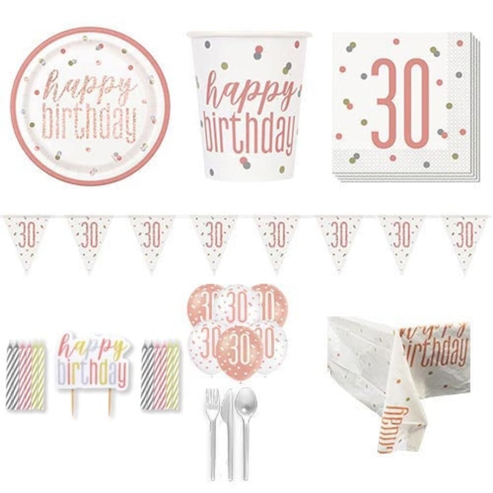 Rose Gold Glitz 30th Birthday 8 Person Deluxe Party Pack