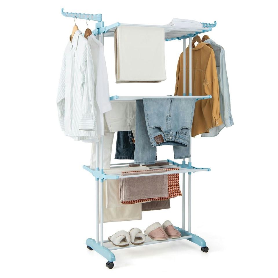 image 1 of COSTWAY 4-Tier Collapsible Laundry Rack Foldable Drying Rack Blue