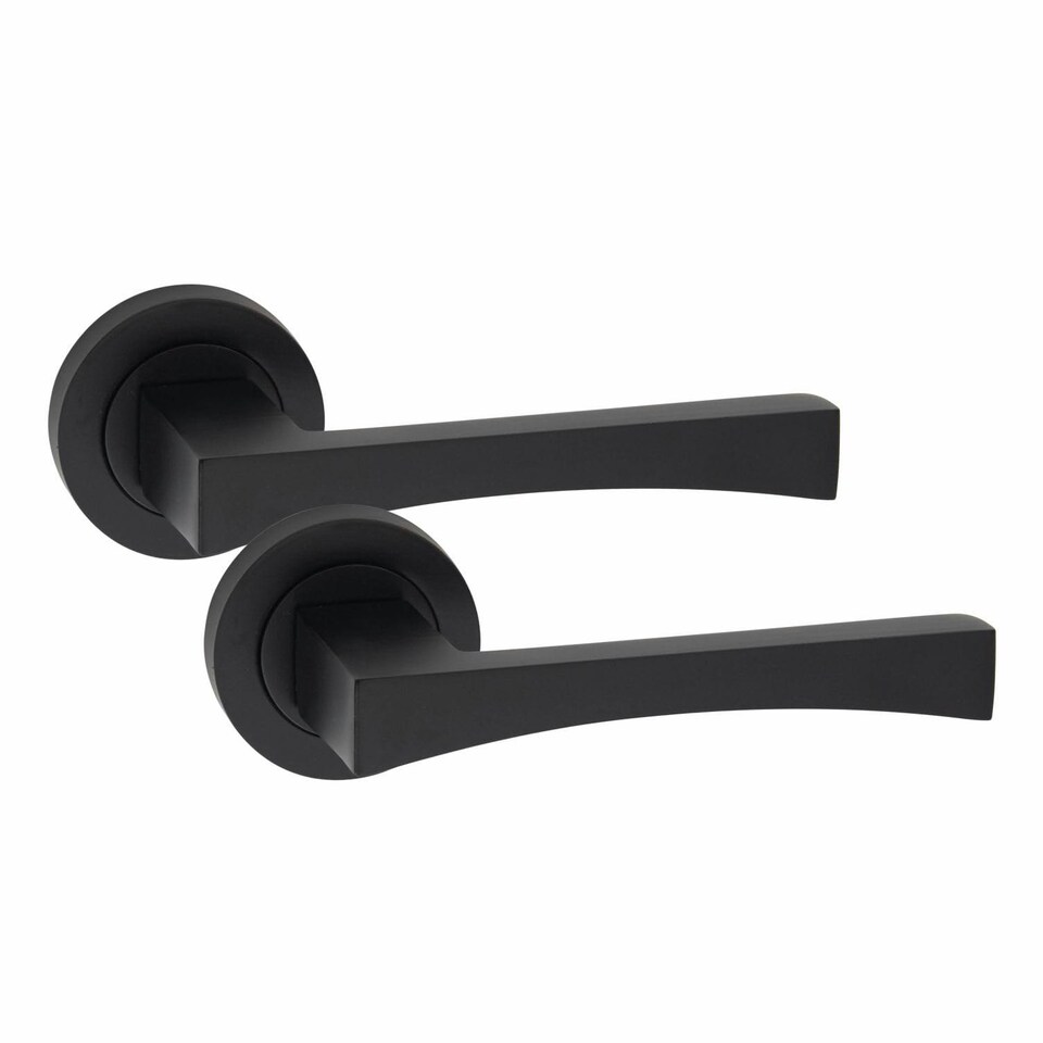 image 1 of Golden Grace Wave Handles Set on Round Rose in Matt Black Finish with 64mm 3 Lever Mortise Lock, 3" Ball Bearing Hinges and Key Hole Black