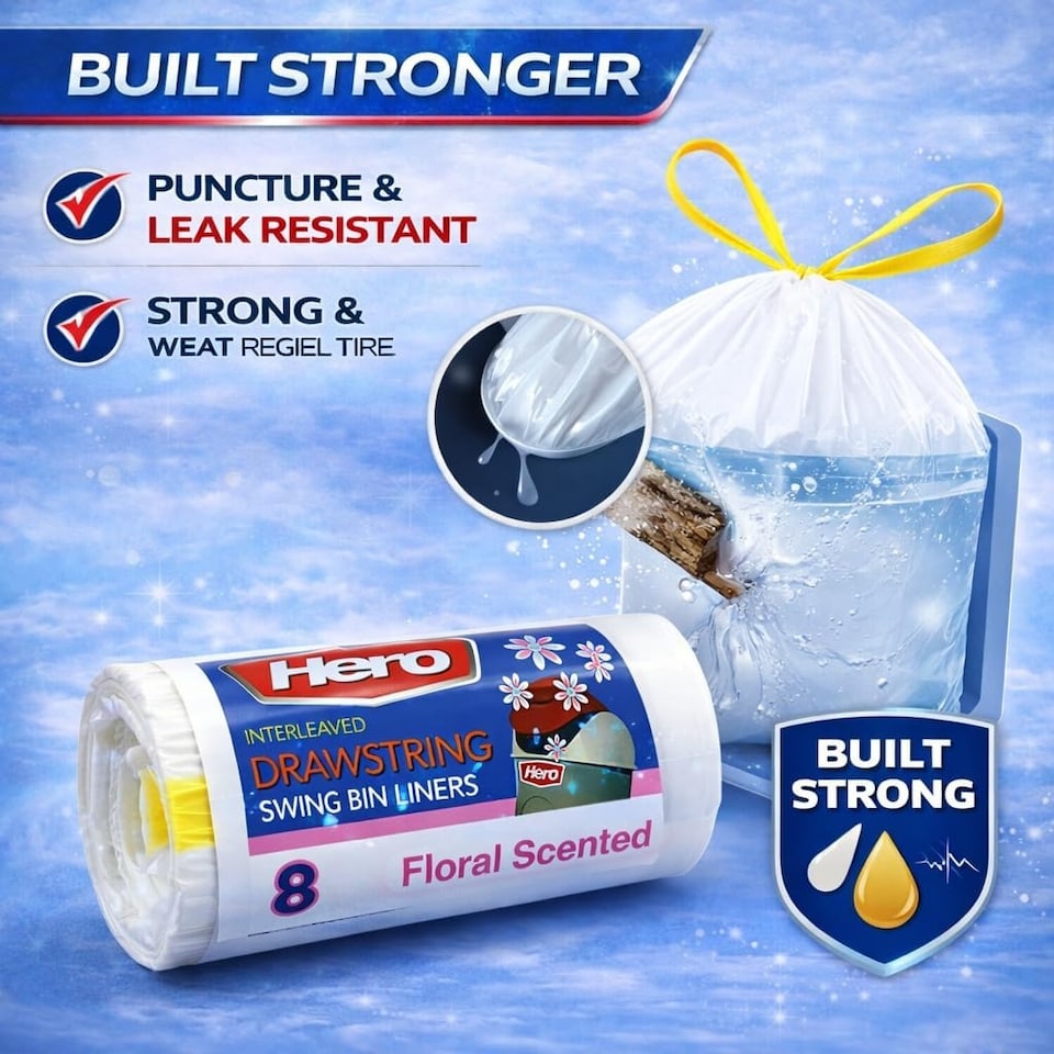 image 1 of Hero 60L Floral Scented Drawstring Bin Liners – Strong Tear Resistant White Refuse Sacks | Easy Dispense Roll of 8 for Home, Office & Commercial Use