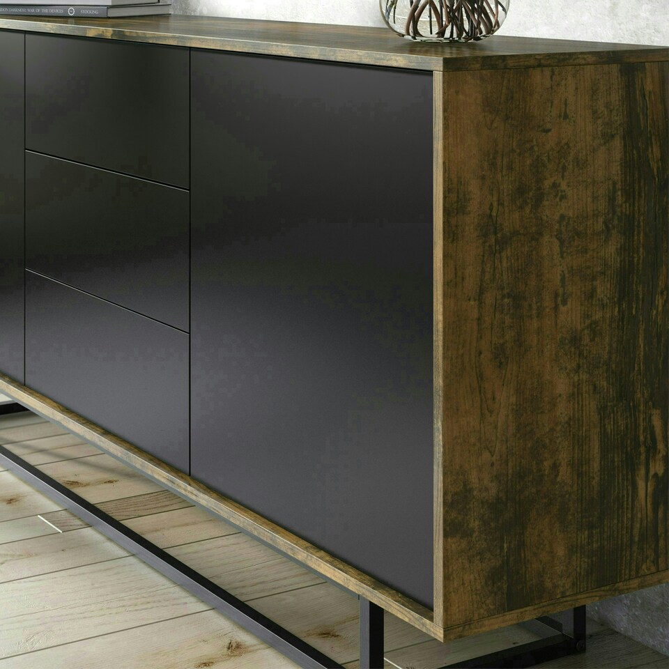 image 1 of Sideboard 140cm Industrial Oak with Black Fronts and Metal Base Multi