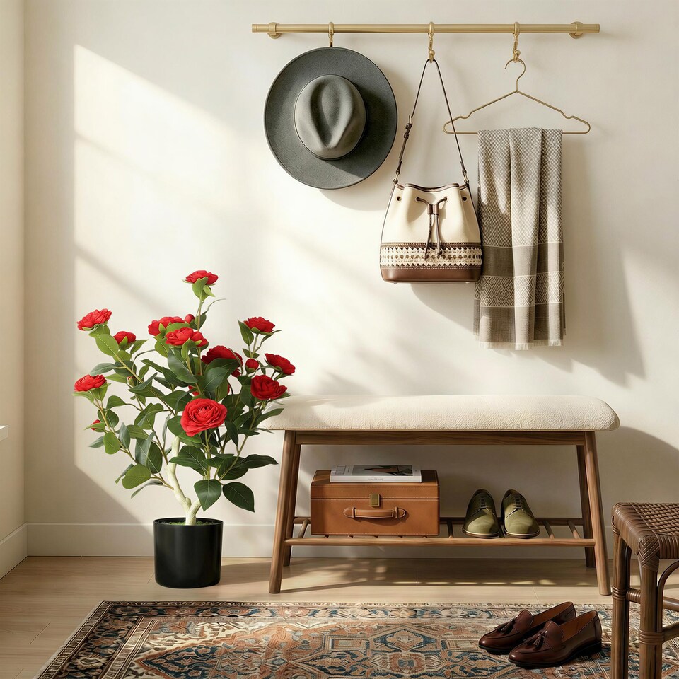 image 1 of HOMCOM 65cm Artificial Camellia Flower Plant with 116 Lush Leaves