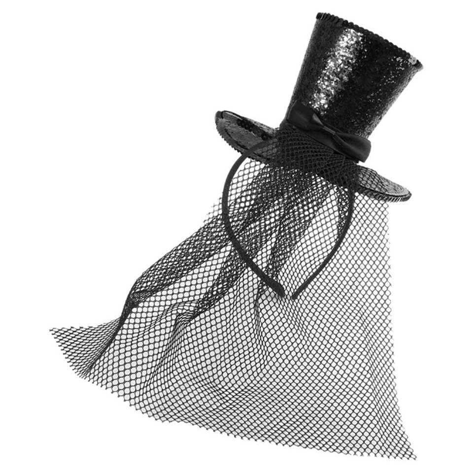 image 1 of Pack of 6 Mini Black Glitter Fascinator Top Hat Black | One Size