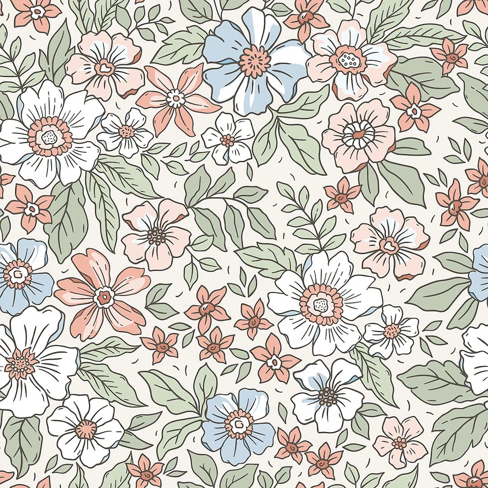 image 1 of Gorgeous Gardenia Wallpaper in Sage, Soft Blues and Peach | Green | Sage, Soft Blues and Peach