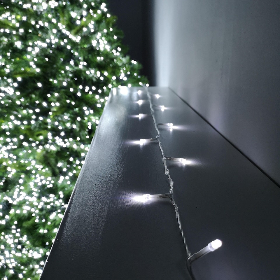 image 1 of 100 LED 10m Premier Christmas Outdoor Multi Function Battery Lights with Timer & Clear Cable in Cool White