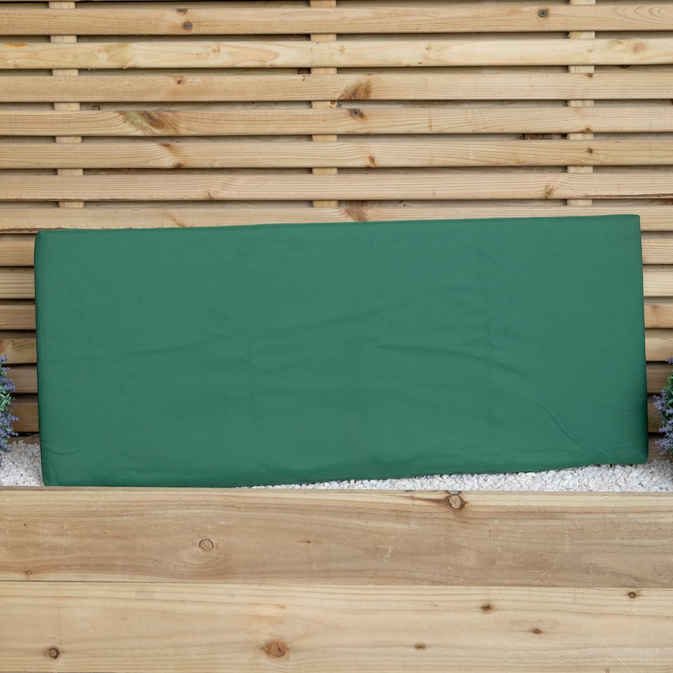 image 1 of 2 Seater Chunky Rustic Wooden Garden Furniture Bench With Coffee Table & Green Cushions